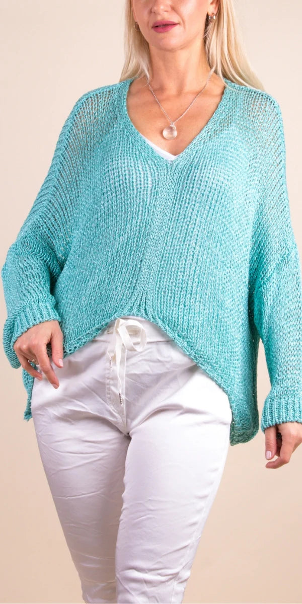 Cropped Sweater with Metallic Thread