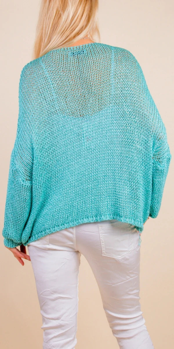 Cropped Sweater with Metallic Thread