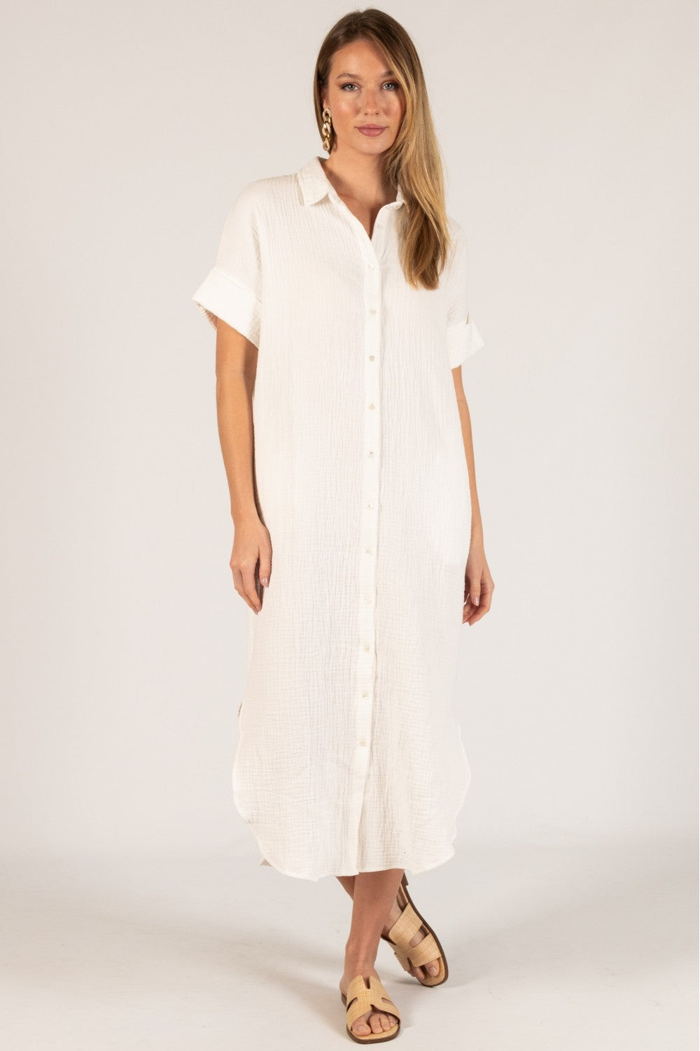 3-Ply Heavy Gauze Button Up Shirt Dress M