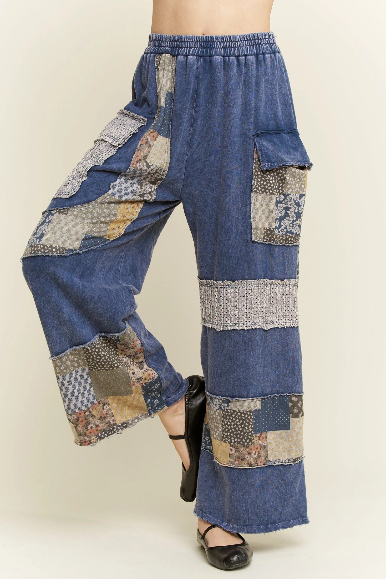 JHER MineralWashed Patchwork Lace detail Wide leg pants