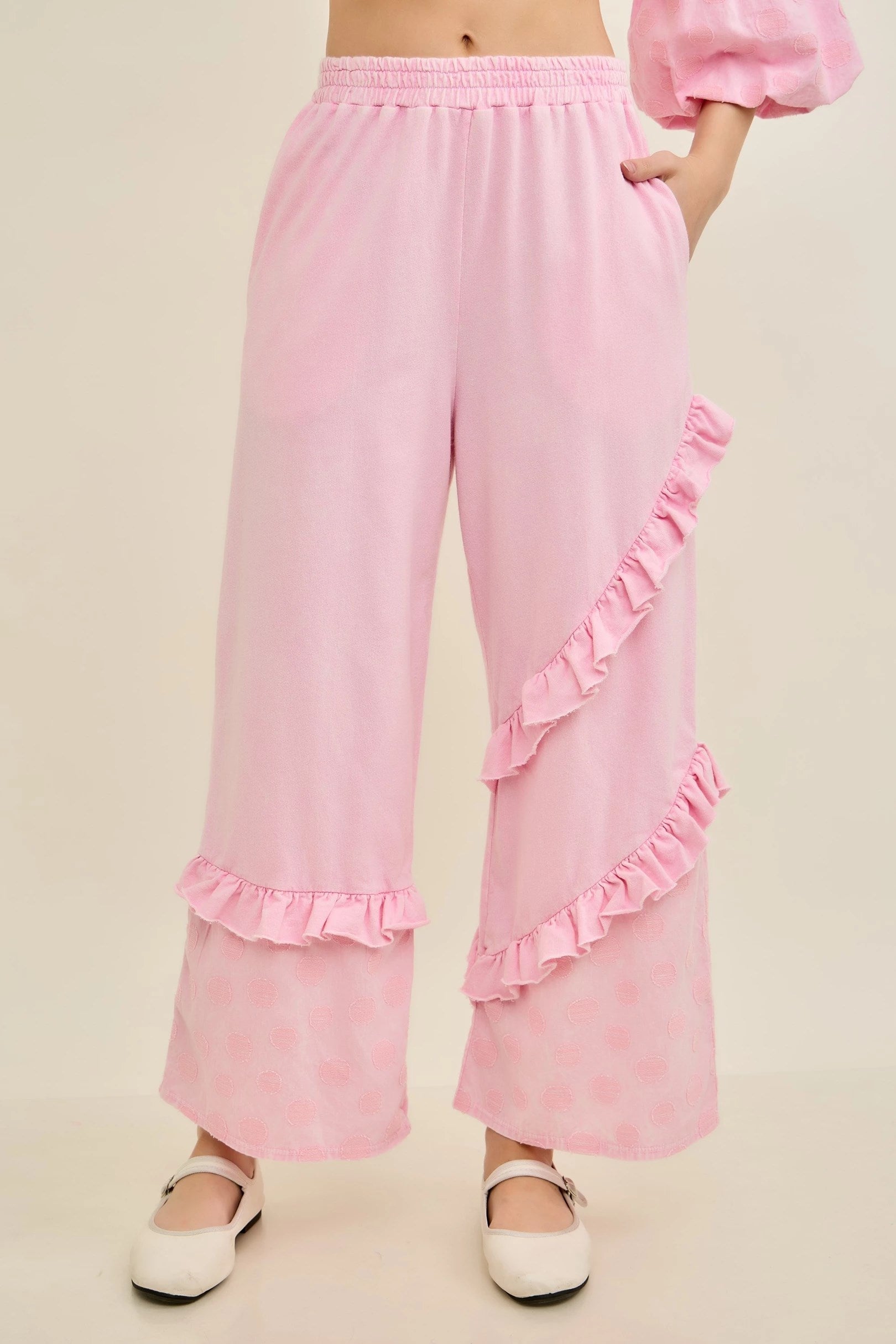 Jher Mineral Washed Boho Polkadot Ruffle Pants – Felecia Bella