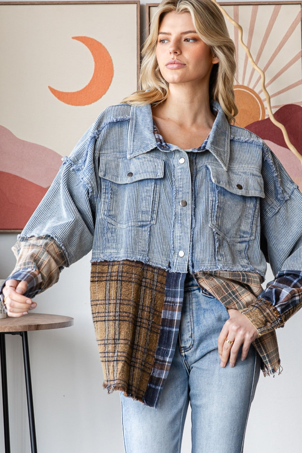 oli and hali washed denim plaid color block Jacket – Felecia Bella