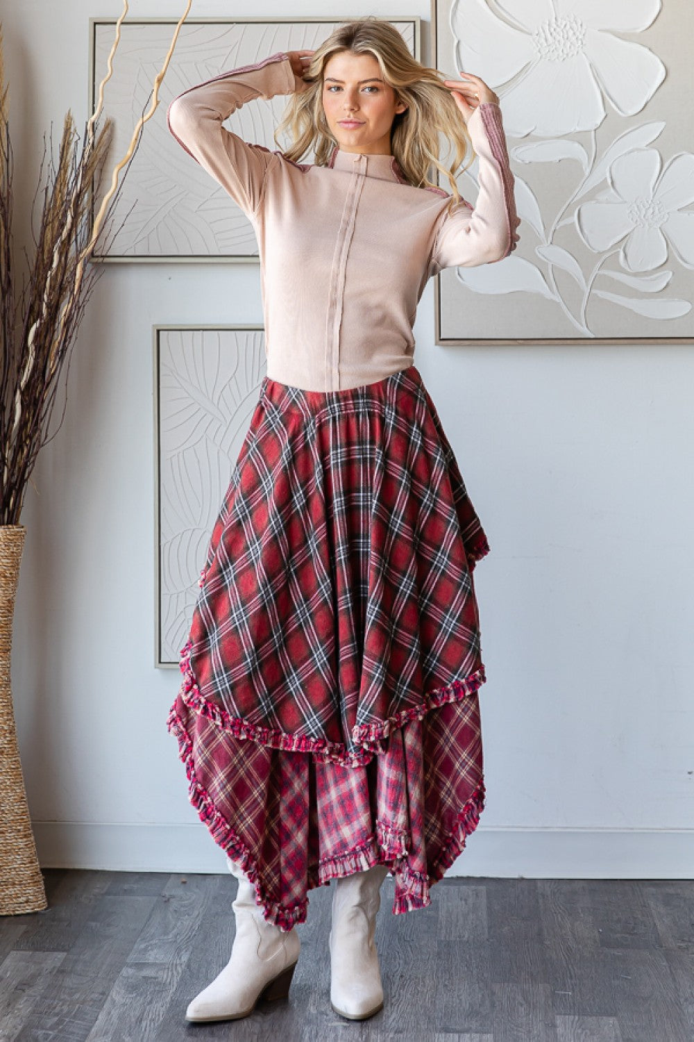 OLI AND HALI PLAID ASYMMETRICAL HEM LAYERED SKIRT Felecia Bella