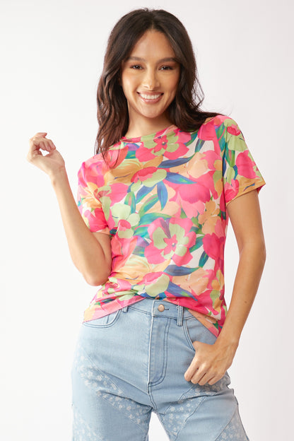 Davi & Dani Flower Mesh Short Sleeve Top