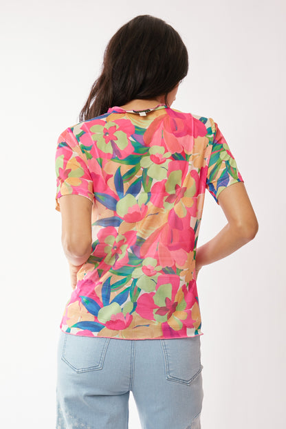Davi & Dani Flower Mesh Short Sleeve Top