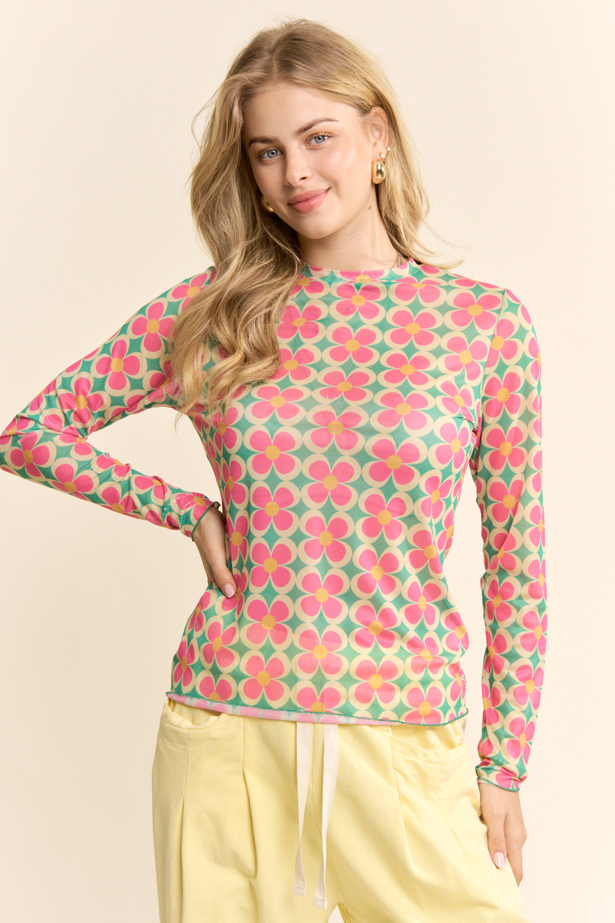 Davi & Dani Vintage Inspired Long-Sleeve Mesh Top
