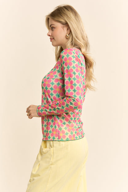 Davi & Dani Vintage Inspired Long-Sleeve Mesh Top