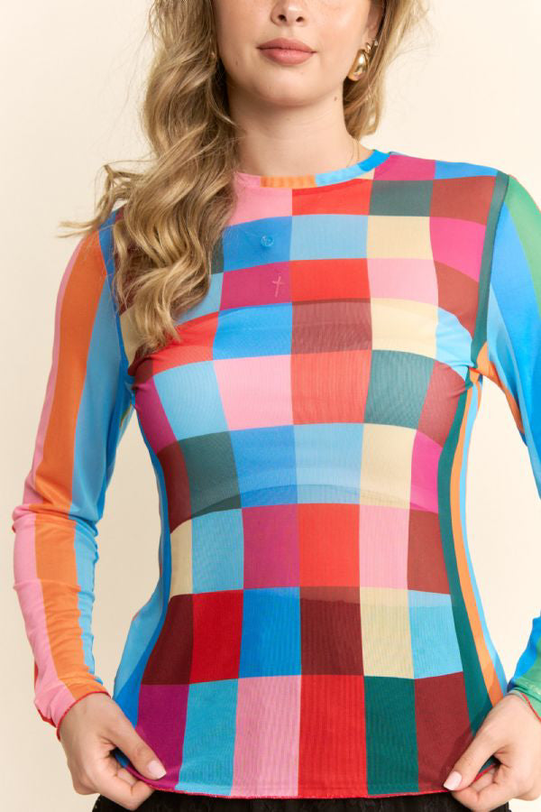 Davi & Dani Checkerboard Pullover Mesh Plaid Knit Top
