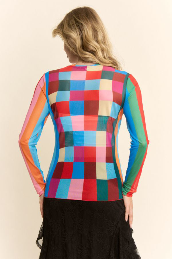 Davi & Dani Checkerboard Pullover Mesh Plaid Knit Top
