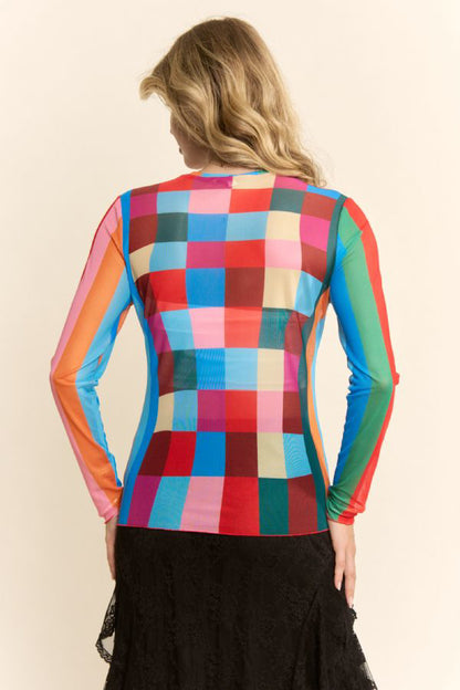 Davi & Dani Checkerboard Pullover Mesh Plaid Knit Top