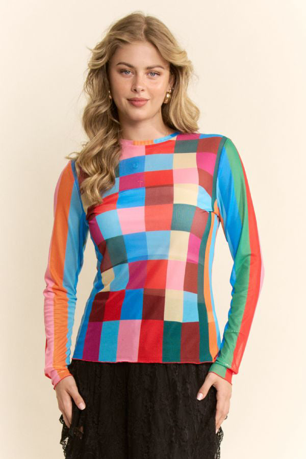 Davi & Dani Checkerboard Pullover Mesh Plaid Knit Top