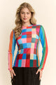 Davi & Dani Checkerboard Pullover Mesh Plaid Knit Top