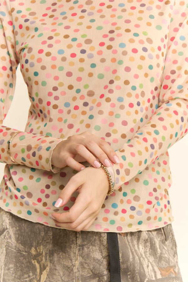 Davi & Dani Multicolor Polka Dot Mesh Long Sleeve Top
