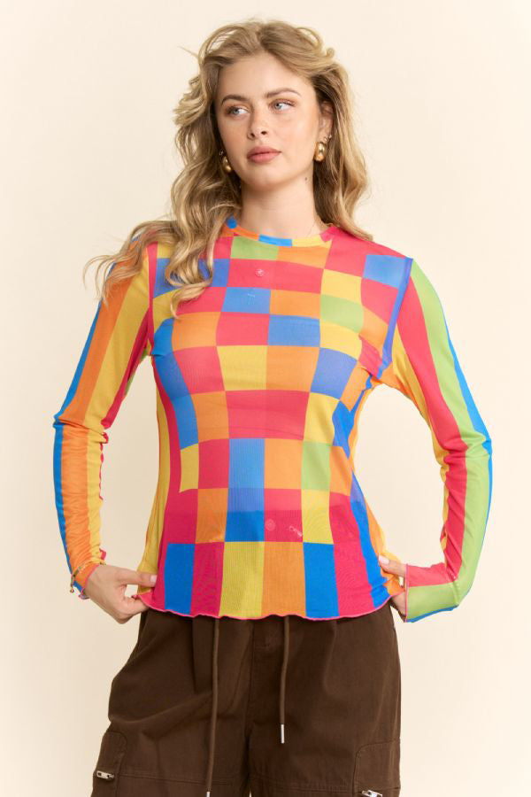 Davi & Dani Checkerboard Pullover Mesh Plaid Knit Top