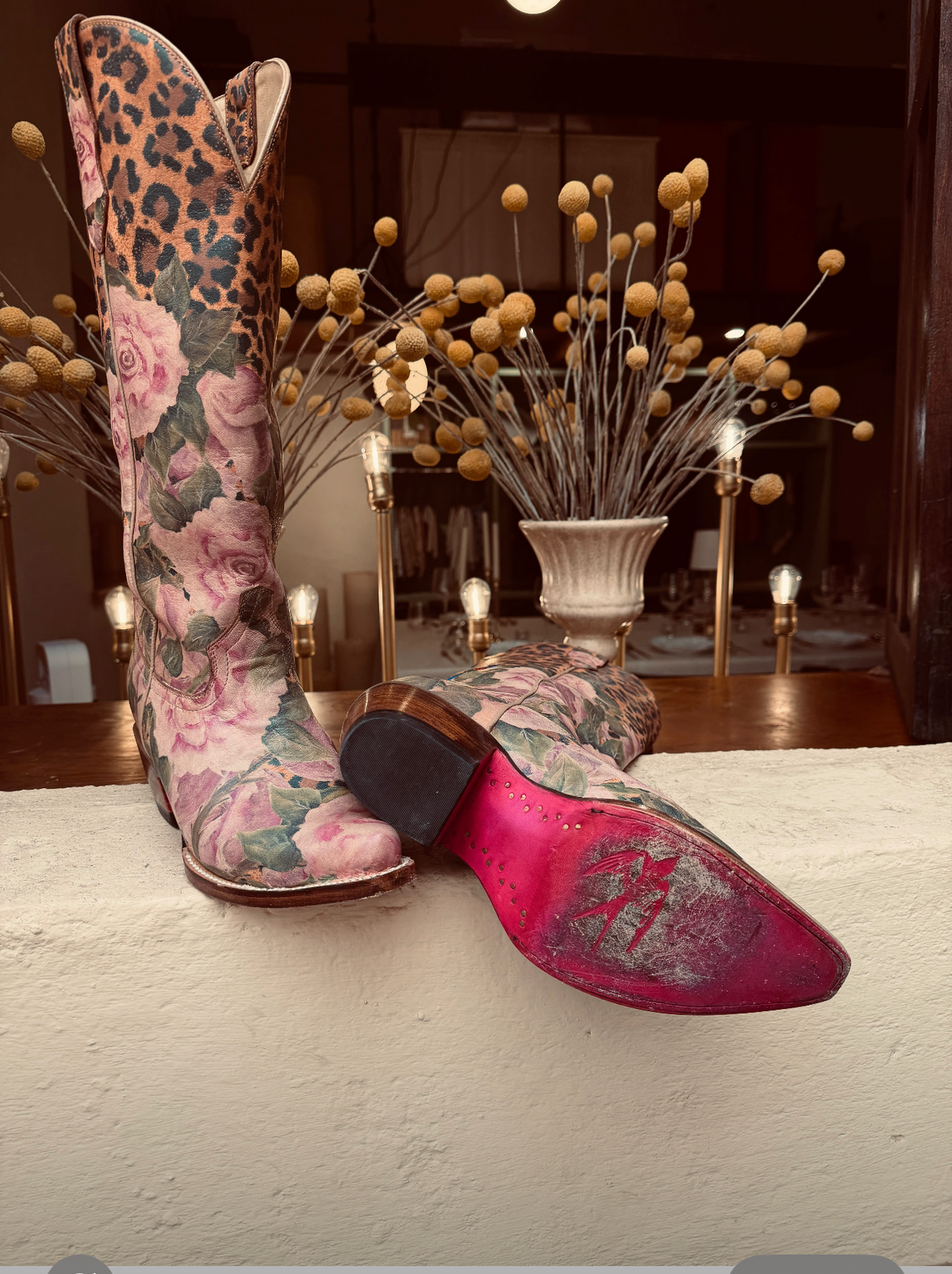 A Rare Bird Wild Rose floral leopard print cowboy boots — sample design