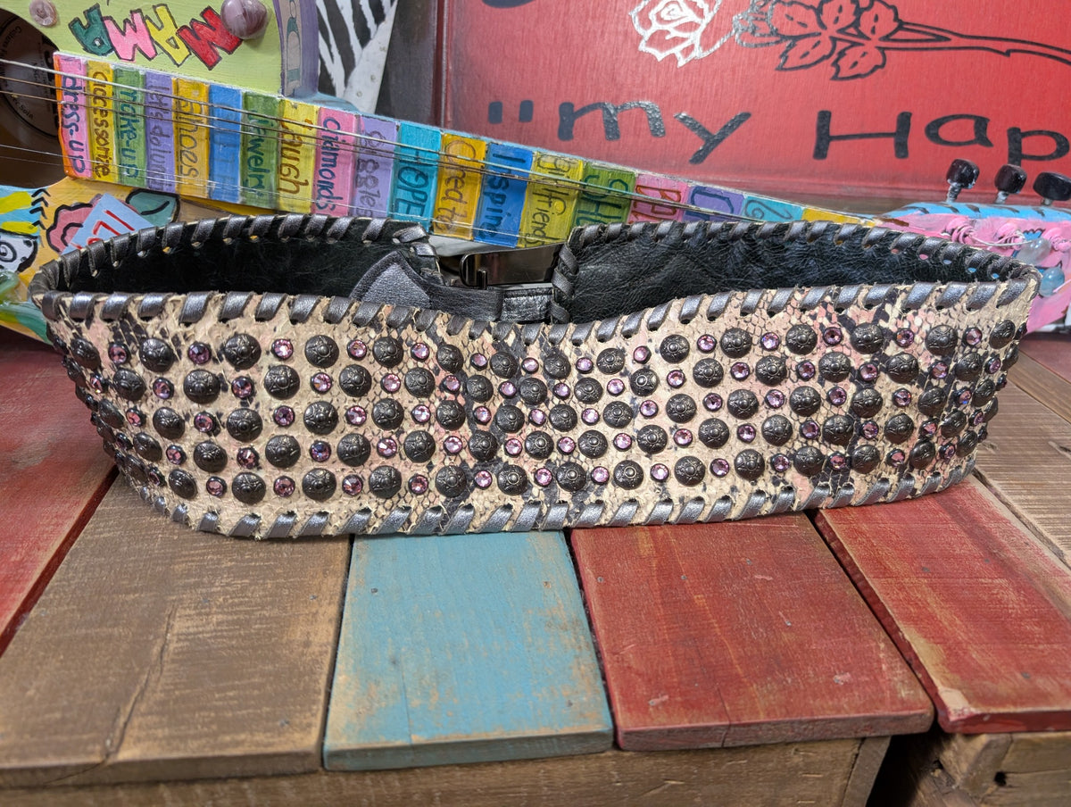 Kurtman Rose Rebel statement belt with snakeskin pattern, pink stones, dark studs and whipstitch edging
