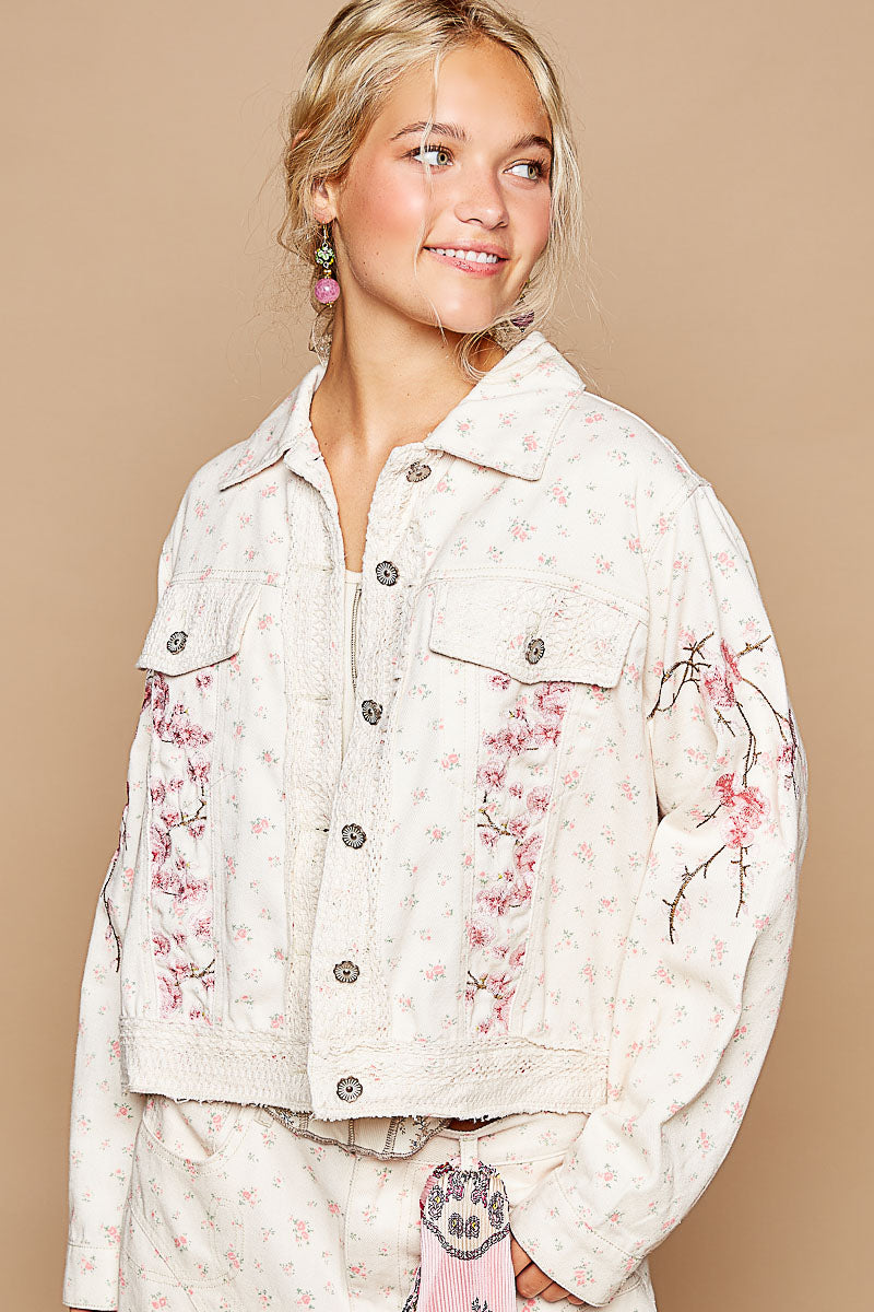 POL floral  printed twill with crochet patch Jacket