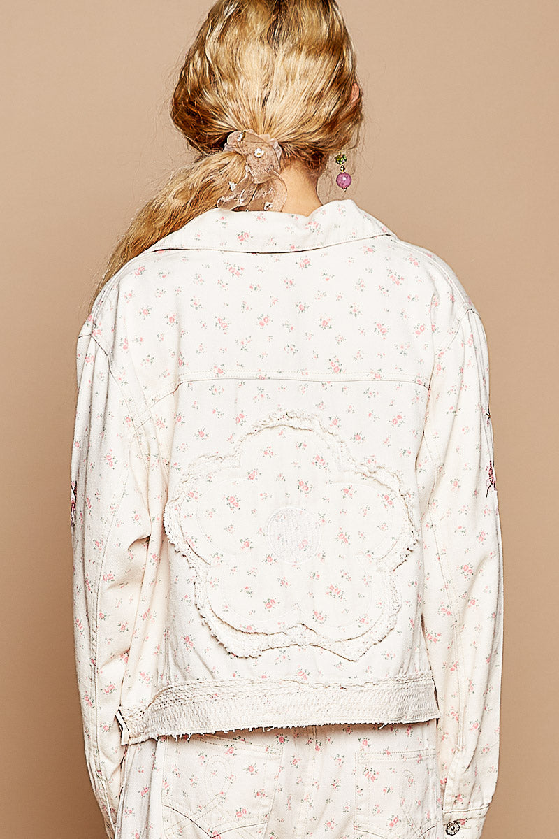 POL floral  printed twill with crochet patch Jacket