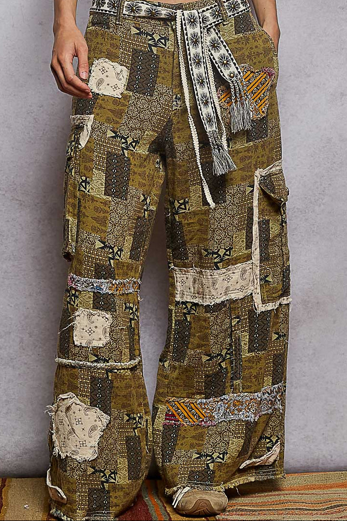 POL Patchwork Cargo Pants - Boho Wide Leg Pants