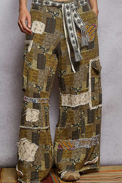 POL Patchwork Cargo Pants - Boho Wide Leg Pants