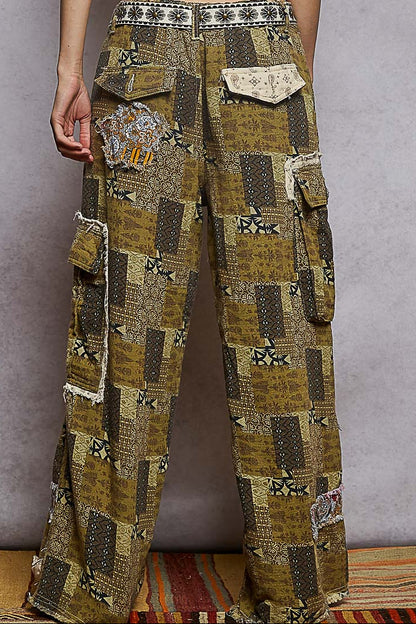 POL Patchwork Cargo Pants - Boho Wide Leg Pants