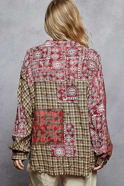 Pol Mulberry Patchwork Shacket