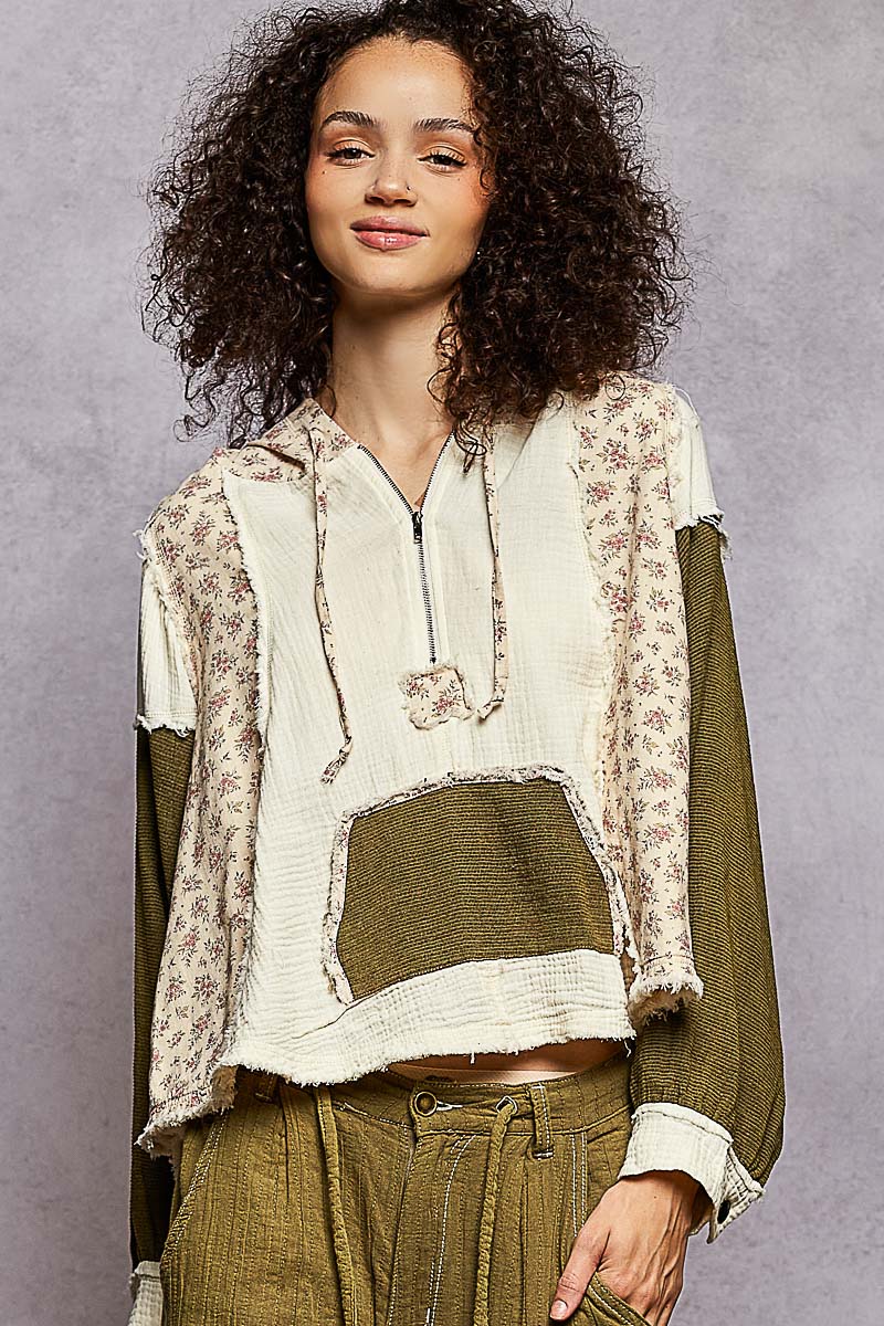 POL Floral Olive Hoodie Top