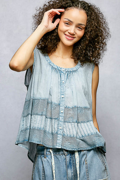 POL Denim crochet sleeveless  Button Down Top