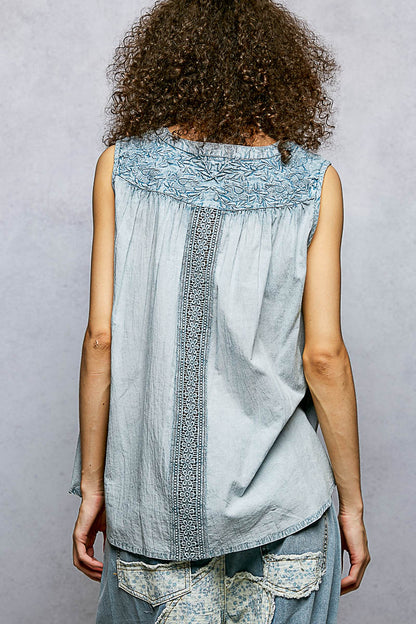 POL Denim crochet sleeveless  Button Down Top