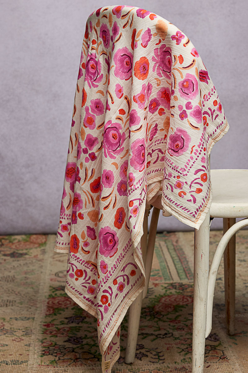 Pre Order POL Scarf - pink floral square draped on chair
