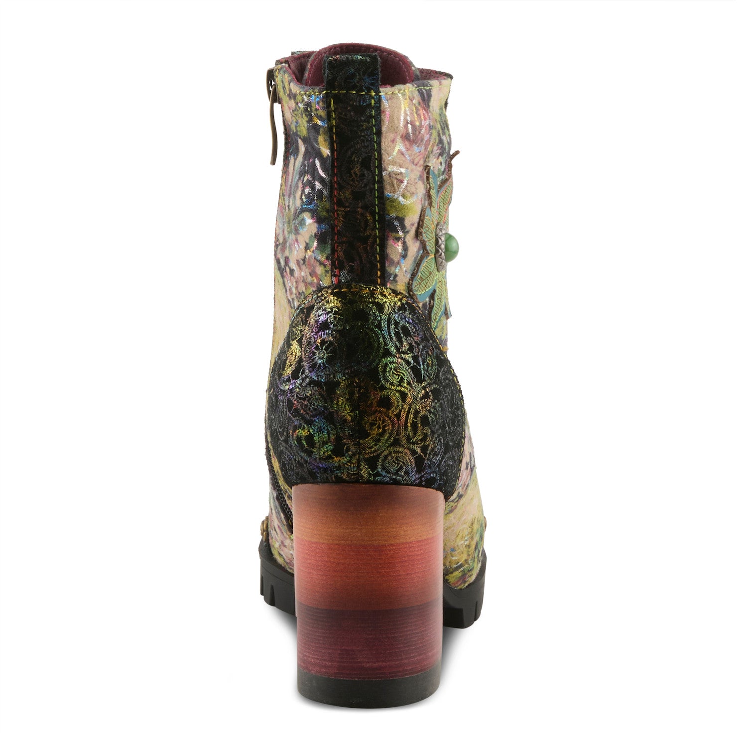 L'Artiste Butofcourse floral boot back view showing zipper and ombré heel