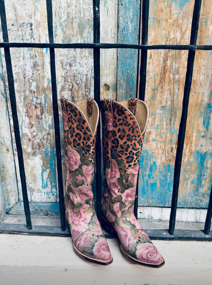 A Rare Bird Wild Rose floral leopard print cowboy boots — sample design