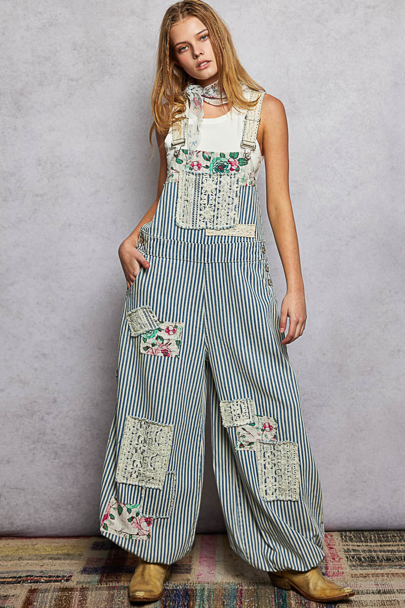 Pre Order POL Overalls Striped Denim - front view