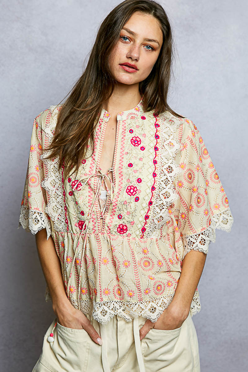 POL Emboroidery tie front Blouse