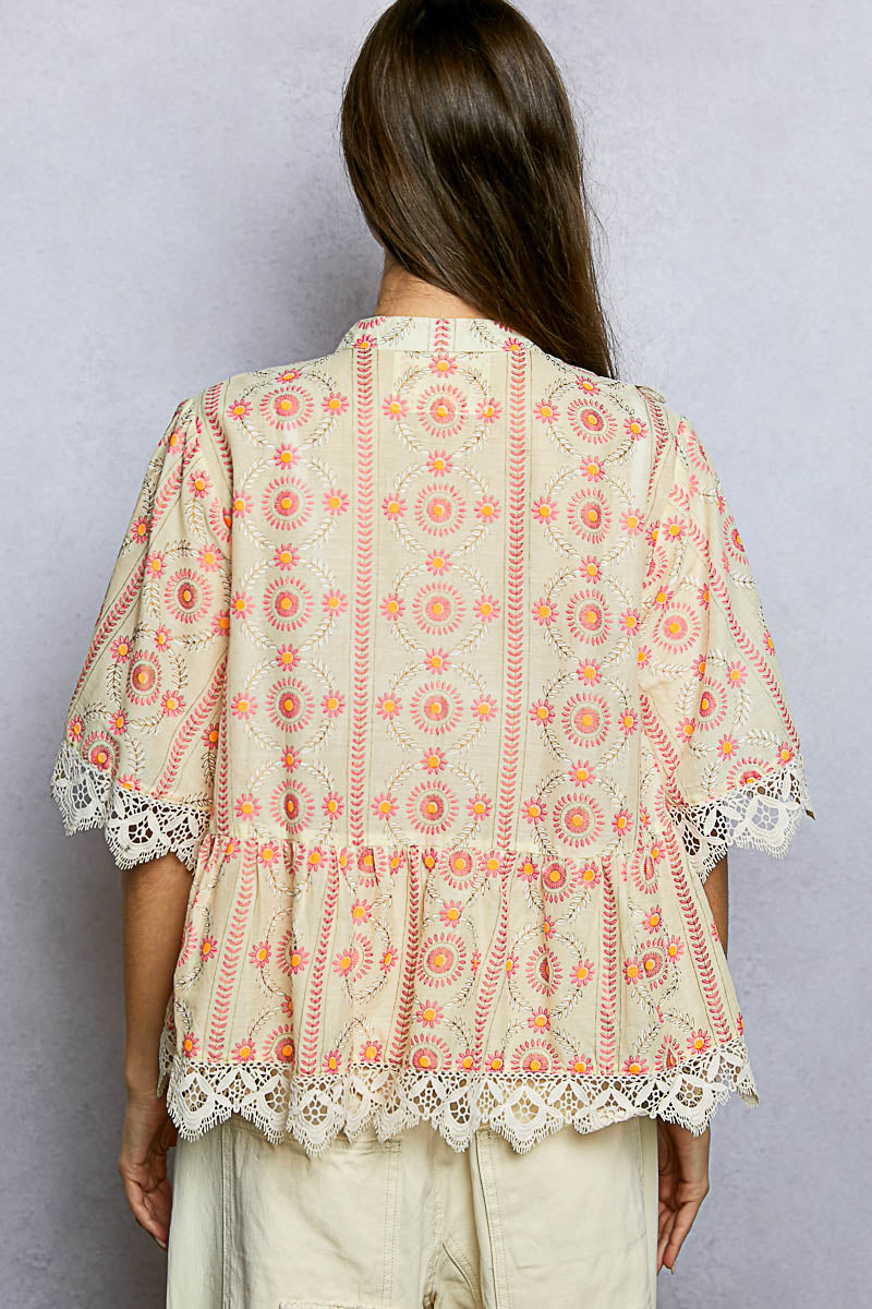 POL Emboroidery tie front Blouse