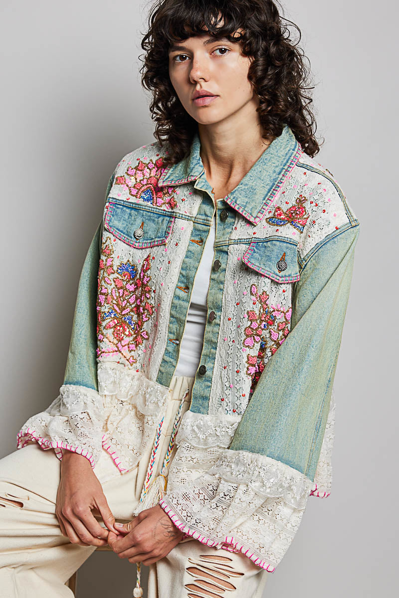 POL Embroidered Floral Denim Jacket