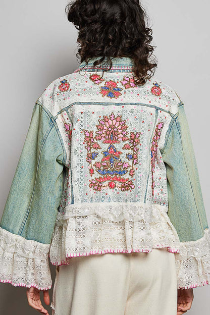 POL Embroidered Floral Denim Jacket