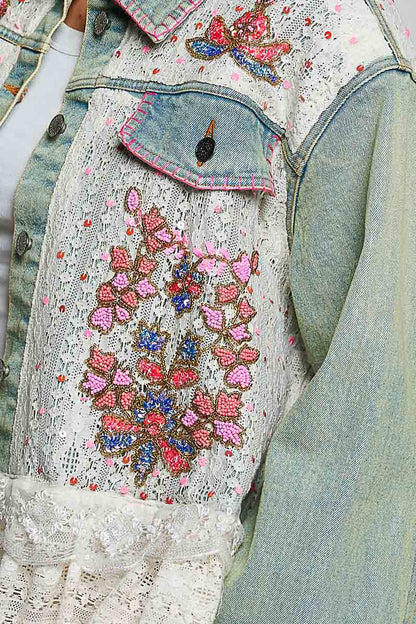 POL Embroidered Floral Denim Jacket