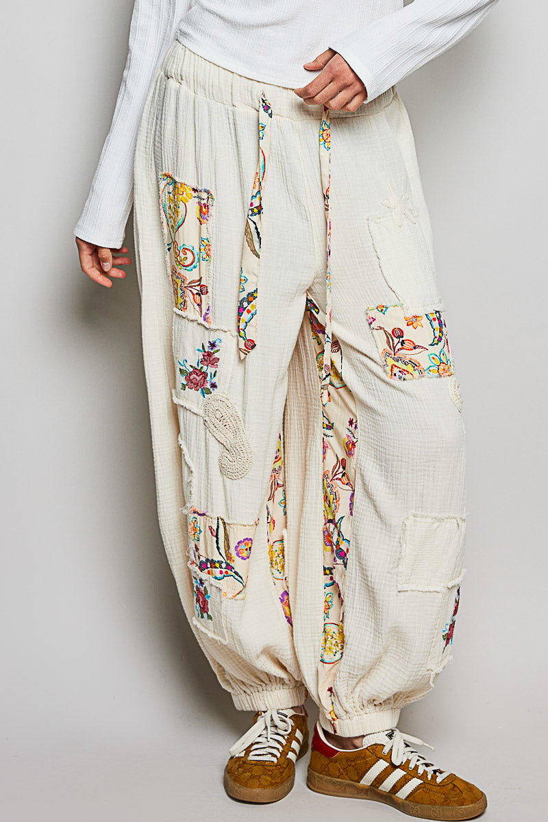 POL WOVEN PATCHWORK JOGGERS