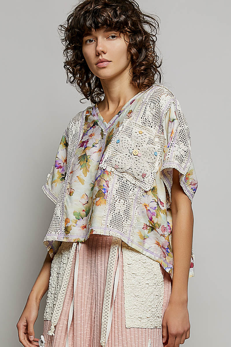 POL Patch Crochet Top | Vintage Washed Boho-Luxe Patchwork Tee