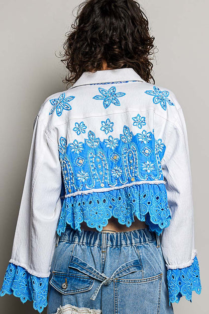 POL blue Ivory eyelet Crop Jacket