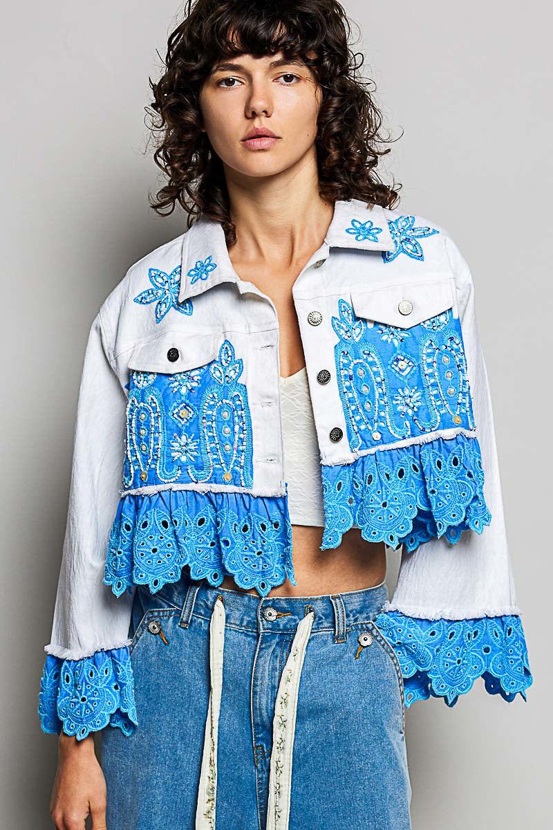 POL blue Ivory eyelet Crop Jacket