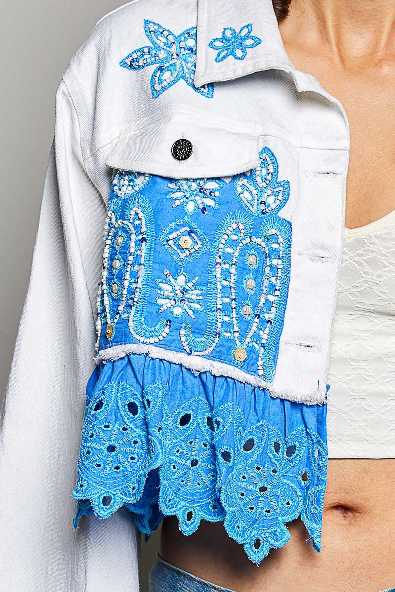 POL blue Ivory eyelet Crop Jacket