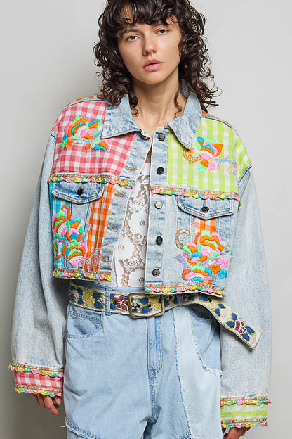 POL Plaid Spell Denim Jacket