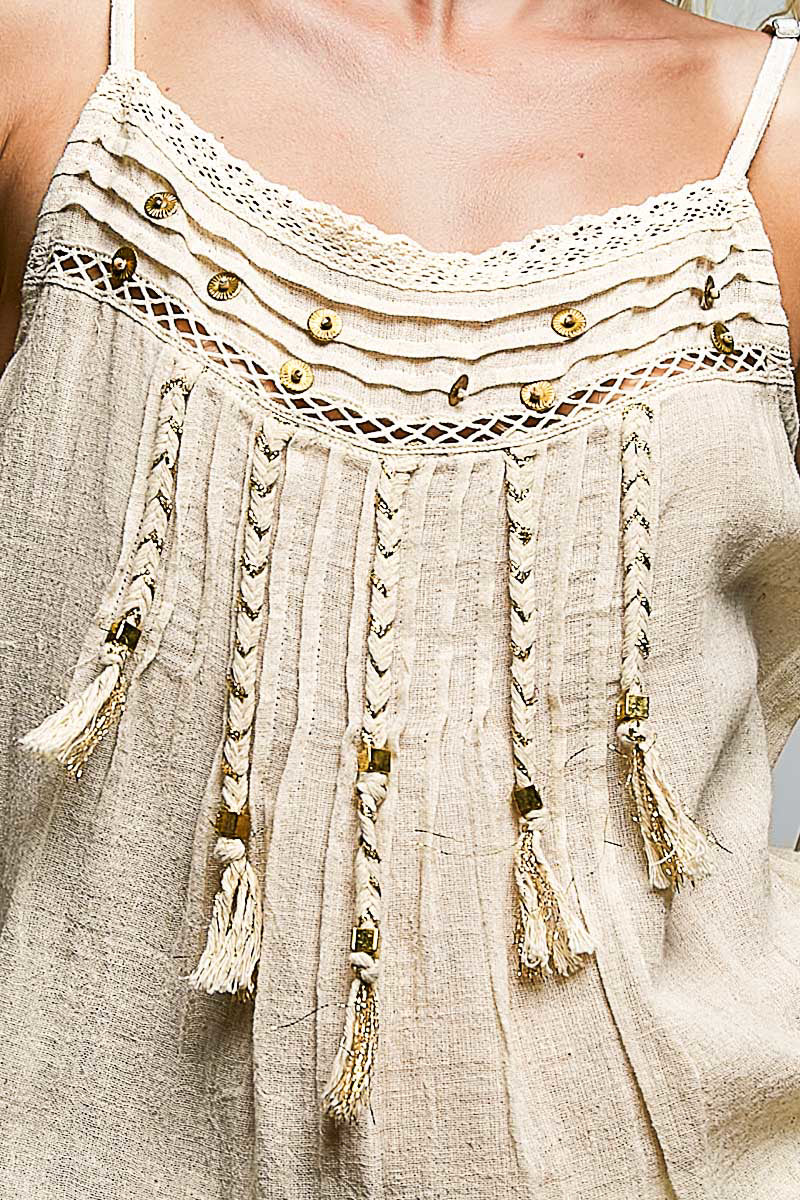 POL Tassel Accent Detailed Tank | Boho-Luxe Woven Lace Trim Top