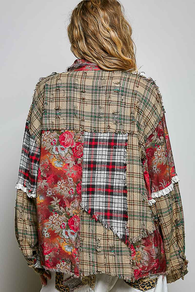 POL Red Multi Plaid Patchwork Shirt Jacket