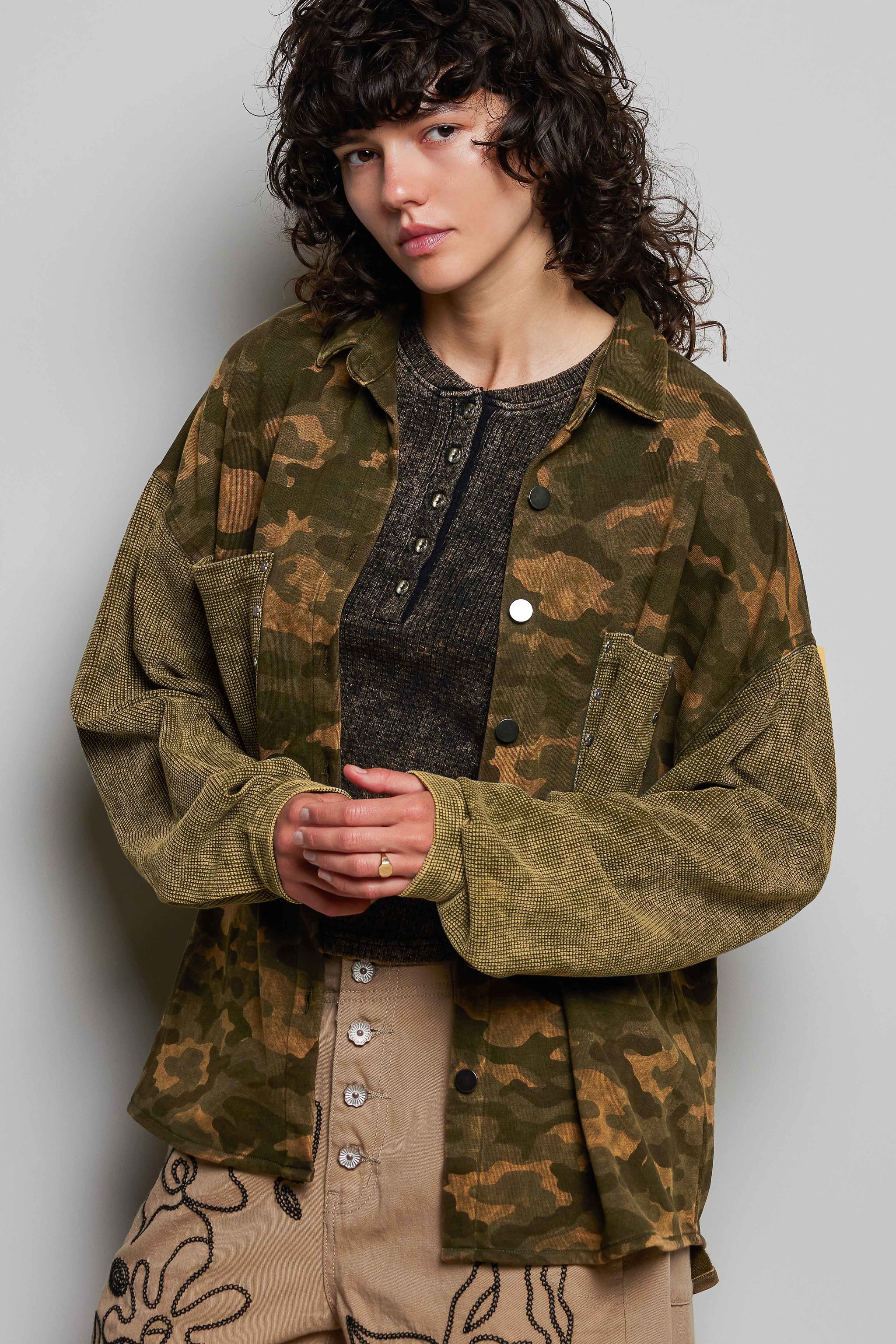 POL SMT2899A - Camo Mixed Media Jacket, front