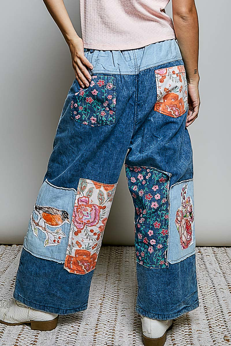 POL Patchwork Wander Wide-Leg Pants