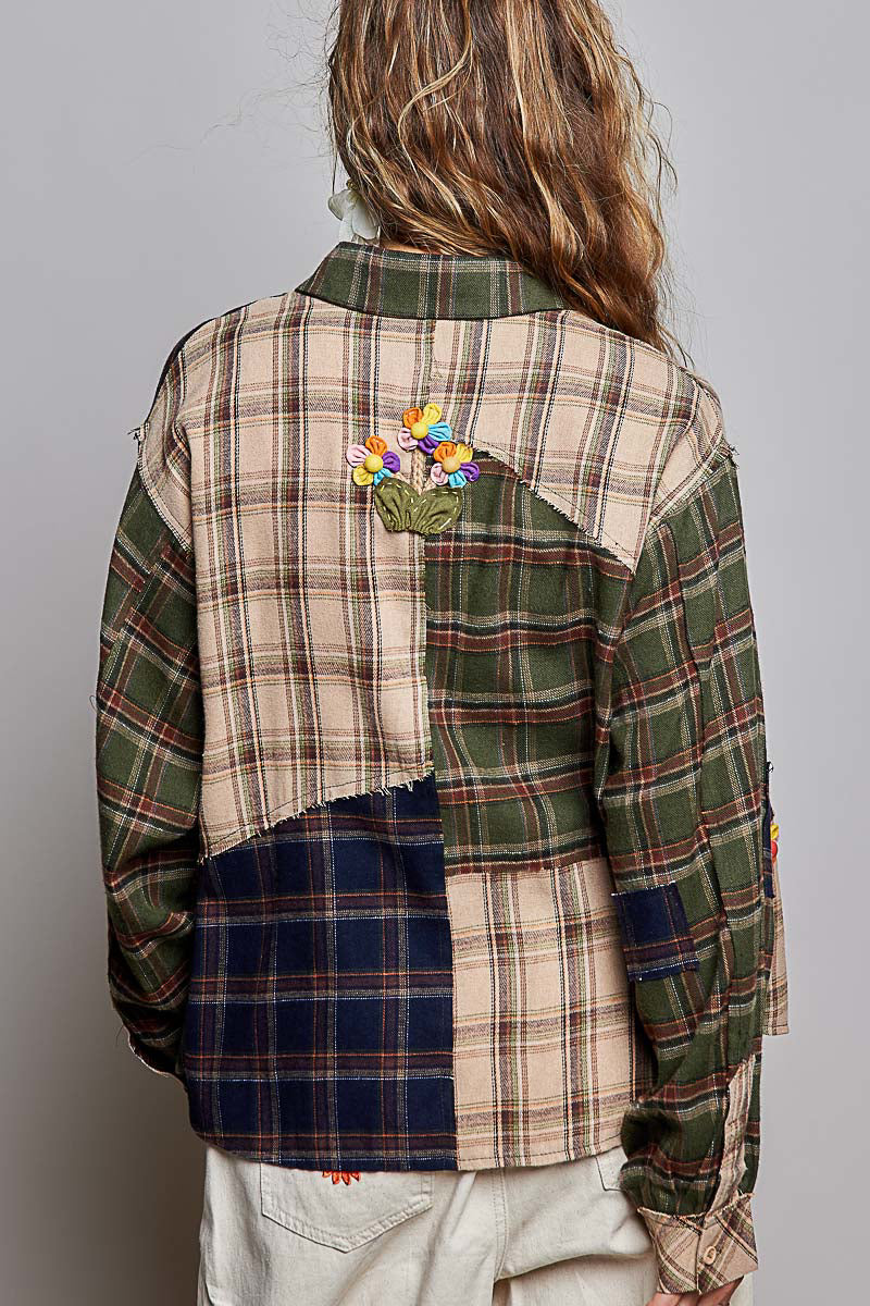 POL Patchwork Plaid Asymmetry Shirt