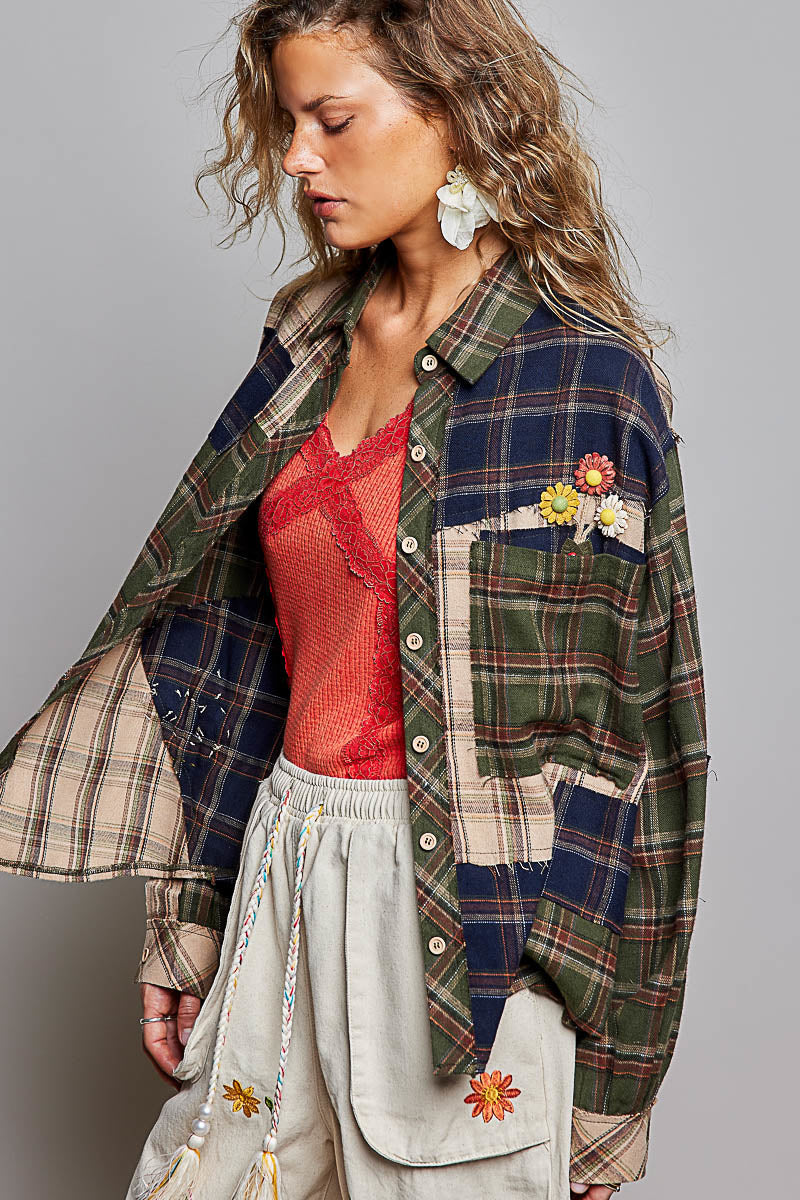 POL Patchwork Plaid Asymmetry Shirt